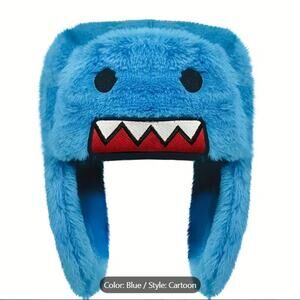 Blue Monster Plush Domo Style Furry Fur Winter Cosplay Trapper Hat
